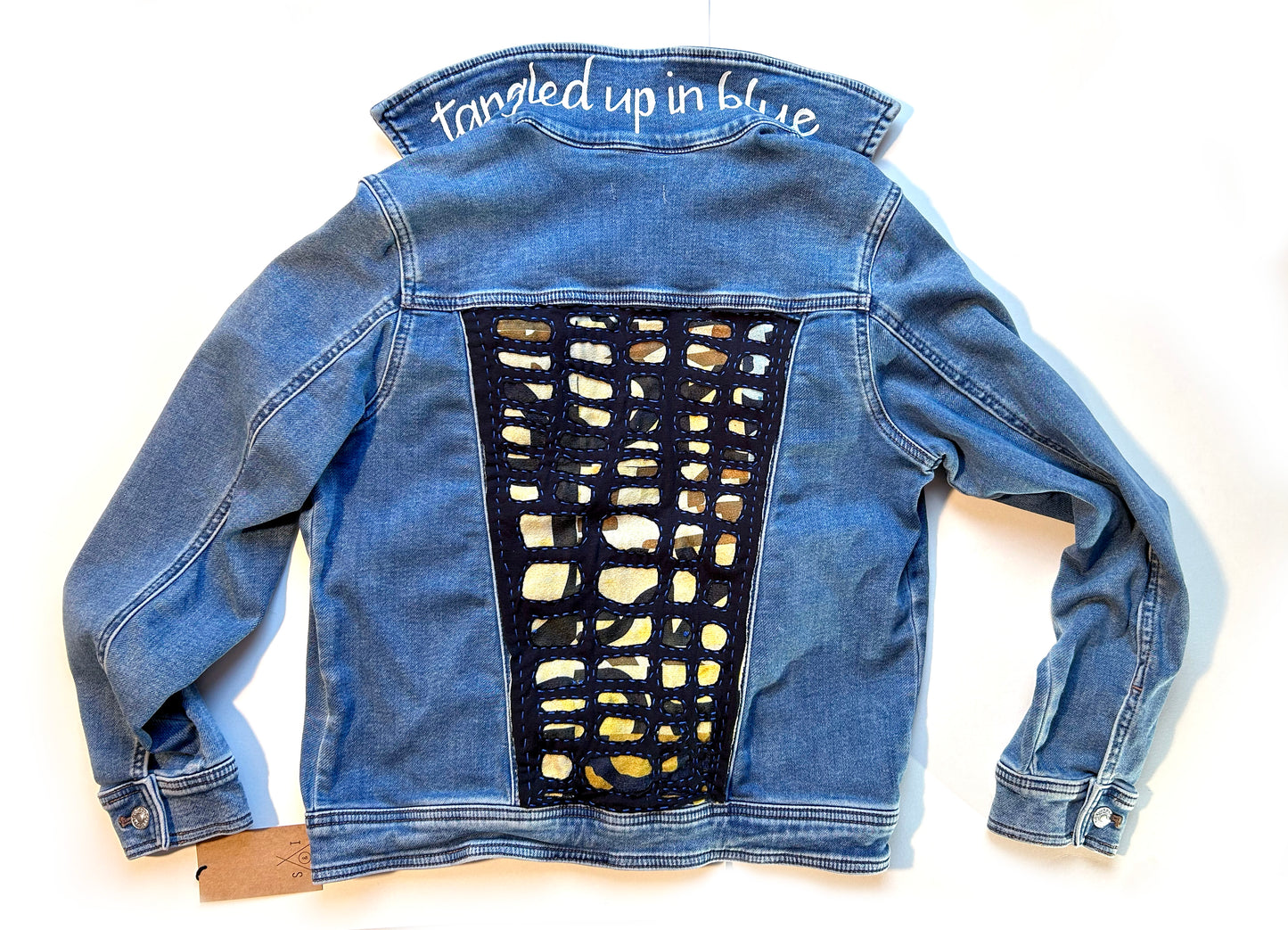 women's upcycled denim jacket: jersey appliqué