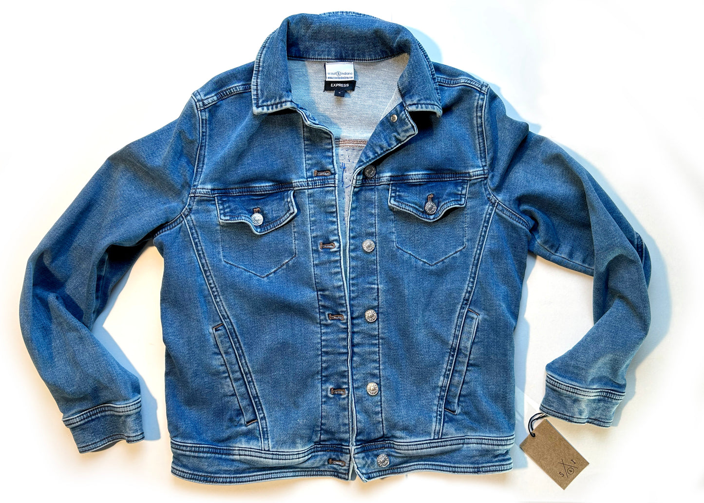 women's upcycled denim jacket: jersey appliqué