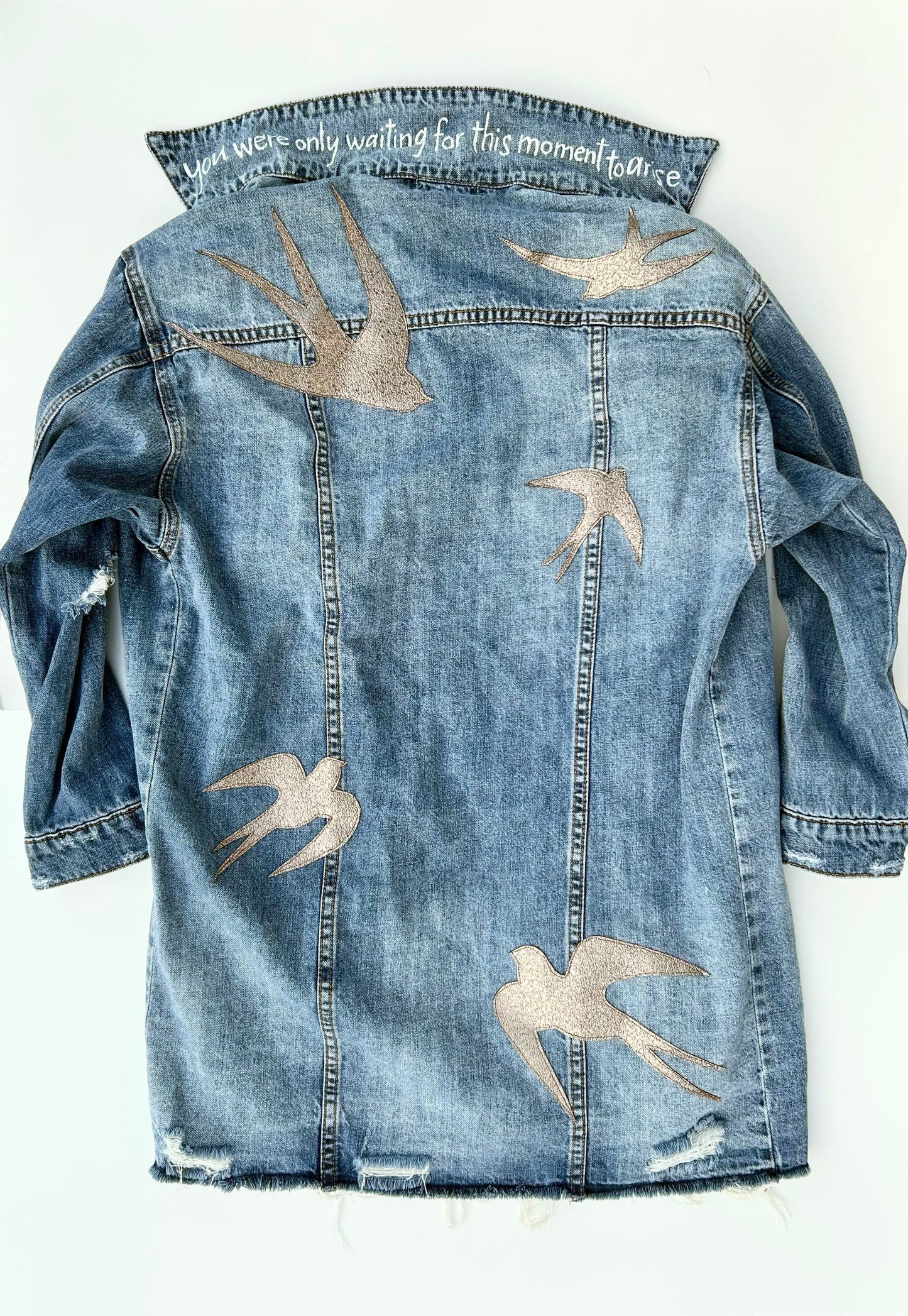 women's machine appliquéd  upcycled denim jacket: sparrows