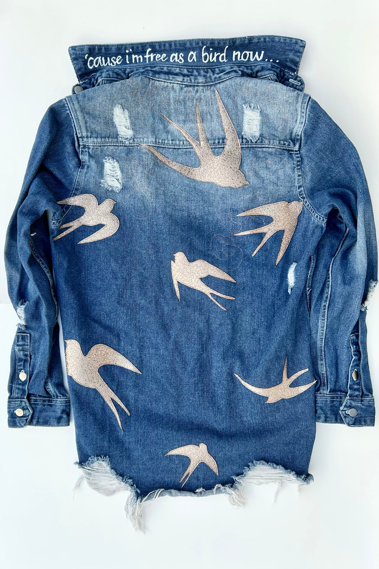 women's machine appliquéd  upcycled denim jacket: sparrows 2