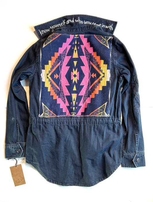 women's upcycled denim jacket: southwestern wool blanket remnant hot pink/blue/yellow