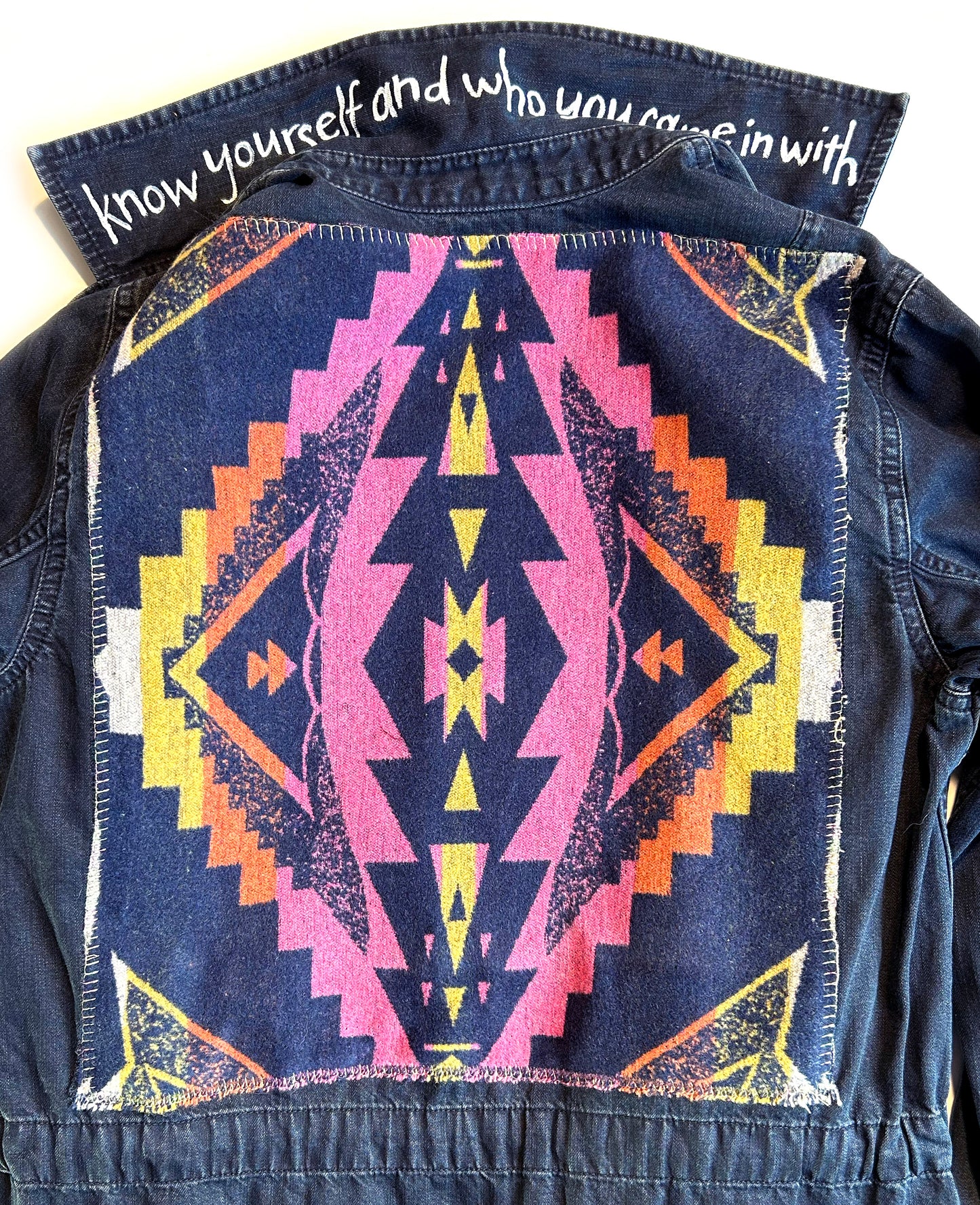 women's upcycled denim jacket: southwestern wool blanket remnant hot pink/blue/yellow