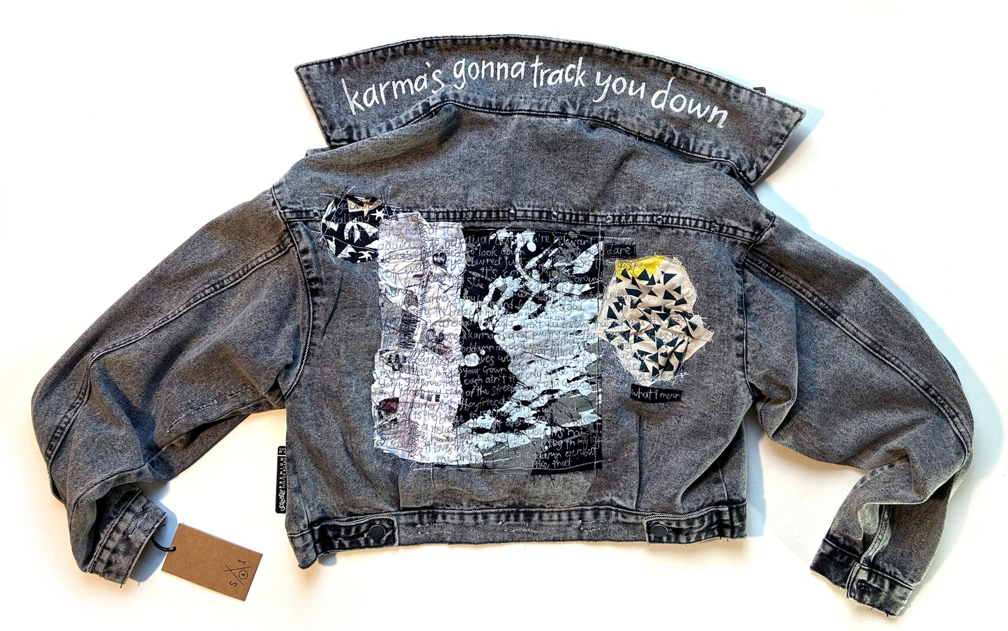 women's thread painted upcycled denim jacket: karma is my boyfriend