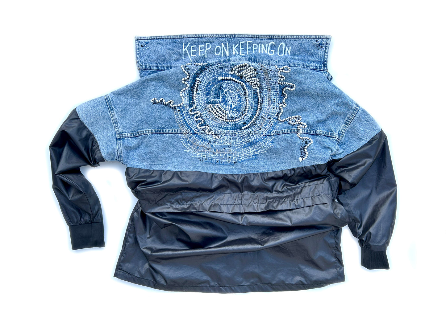 women's thread painted upcycled denim jacket: textile art, hand embroidery