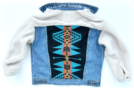 women's upcycled faux shearling denim: upcycled southwestern wool blanket remnant, turquoise, black